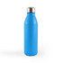 A drink bottle in bright blue with a stainless steel cap and a smooth, curved design.