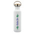 A drink bottle made of recycled aluminium in white, featuring a stainless steel lid and a wooden handle.