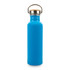 A drink bottle in bright blue with a stainless steel lid and wooden top, featuring a logo.