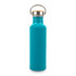 A drink bottle in bright turquoise with a stainless steel top and a wooden cap, featuring a logo.
