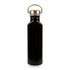 A drink bottle in sleek black aluminium with a stainless steel lid and wooden accent. Features a logo.
