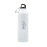 A drink bottle in white aluminium with a black screw top and a carabiner clip, featuring a logo.