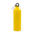 A drink bottle made of aluminium in vibrant yellow with a black top and a metal carabiner.