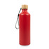 A drink bottle in vibrant red with a bamboo lid and a carrying strap. It features a logo on the surface.