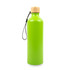 A drink bottle in vibrant green with a bamboo lid and a black carry strap. It features a logo.