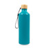 A drink bottle in a vibrant turquoise hue with a bamboo lid and a carry strap, featuring a logo.