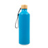 A drink bottle in vibrant blue, featuring a bamboo lid and a black strap, with a logo on its surface.