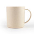 A reusable coffee cup in a light beige colour with a speckled design and a handle. It features a logo.