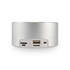 A silver speaker with multiple ports, including USB and AUX connections, showcasing a sleek, modern design.
