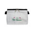 A white cosmetic bag with a zip closure, featuring a front design with green and red decorative elements.