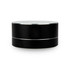 A black coffee mug with a sleek silver band and a smooth, rounded design, featuring a logo.