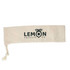 A cream-coloured calico drawstring pouch featuring a logo, tied with a rope at one end.