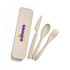 A beige cutlery set featuring a knife, fork, and spoon, all housed in a matching case with a logo.