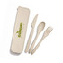A beige cutlery set comprising a knife, fork, and spoon, housed in a matching case with a logo.