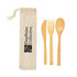 A bamboo cutlery set featuring a knife, fork, and spoon, housed in a calico pouch with a logo.