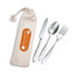 A cutlery set in a calico pouch, featuring a knife, fork, and spoon, with a logo on the pouch.