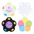 A set of flower-shaped sticky notes in pastel colours, featuring a logo on a black and white background.