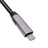 A charging cable with a metallic grey connector and a braided black and grey cable. It features a logo on the connector.