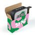A boxed Jive Speaker features a black and white design with colourful accents. The packaging includes vibrant graphics and a handle.