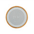 A round Bluetooth speaker with a bamboo frame and a mesh speaker grille in the centre, featuring a logo.