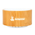 A round bamboo Bluetooth speaker with a white top and a logo on the front.