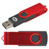 A red and black swivel USB flash drive with a sliding mechanism and a logo.