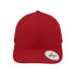A red 6-panel cap with a curved brim and a logo on the side.