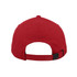 A red classic six-panel cap featuring an adjustable strap and a logo on the back.