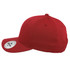 A red classic 5 panel cap with a rounded crown and a straight brim, featuring a branding label.