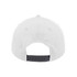 A white classic 5 panel cap with a black adjustable strap and a logo on the back.