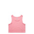 A pink crop singlet with a simple design, featuring a branding logo on the label.