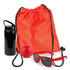A bright red drawstring bag accompanied by a black drink bottle, red ball, and red sunglasses.