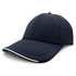 A black and white cap with a curved brim and a branding logo on the front.