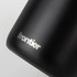 A drink bottle in matte black finish featuring a metallic logo. Ideal for travel, with a sleek design.