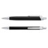 A sleek black metal pen with chrome accents, featuring a clip and smooth, rounded design.