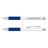 A metal pen with a blue grip and white body, featuring a silver clip and accents. It has a logo on the barrel.
