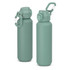 A drink bottle in a mint green aluminium finish, featuring a flip-top lid and a clip on the side.