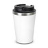 A white coffee cup with a black lid and stainless steel band. It features a logo on the surface.
