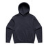 A navy blue hoodie with a front pocket and a large hood, featuring a logo.