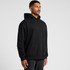 A black hoodie featuring a front pocket and a hood, with a minimalist design. It includes a logo.