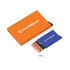 A blue and orange RFID card holder displaying five cards, featuring a logo on each side.