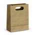 A medium die-cut paper bag in a natural brown colour with a handle at the top. It features a logo on one side.