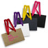 Small ribbon handle paper bags in brown, black, white, and purple, featuring colourful ribbon handles and a logo.