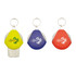 A set of three cleaning cloths in yellow, purple, and red, each featuring a logo and a keyring attachment.