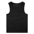 A plain black men's sports tank top with a seamless design and a branding logo.