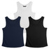 Three women's sports tank tops in navy, white, and black, featuring a basic sleeveless design and a logo.