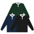 Three unisex rugby jerseys in dark green, navy blue, and black, featuring white collars and long sleeves. Each jersey has a logo.