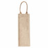 A jute wine carrier in a natural beige colour with two handles and a logo. Ideal for transporting a wine bottle.