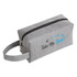 A grey cosmetic bag with a zip closure and a handle, featuring a logo on the front.