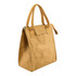 A brown paper cooler lunch bag with sturdy handles and a zippered opening, featuring a logo.